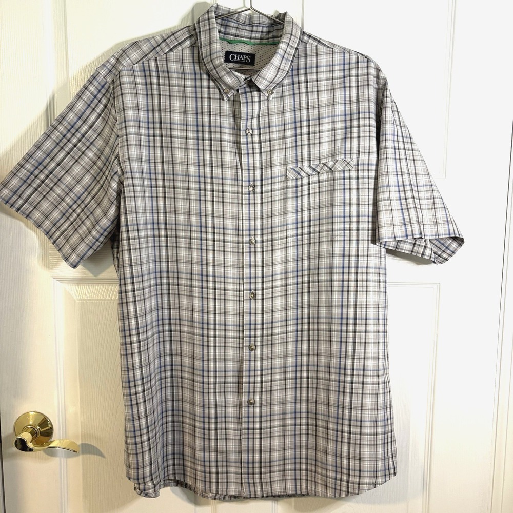 Chaps Men XL/2XL Plaid Button Down Shirt Gray Blue Mesh Outdoor Casual Short